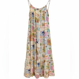 True Destinations Travel Print Sundress Spaghetti Strap Multicolor Large Bohok